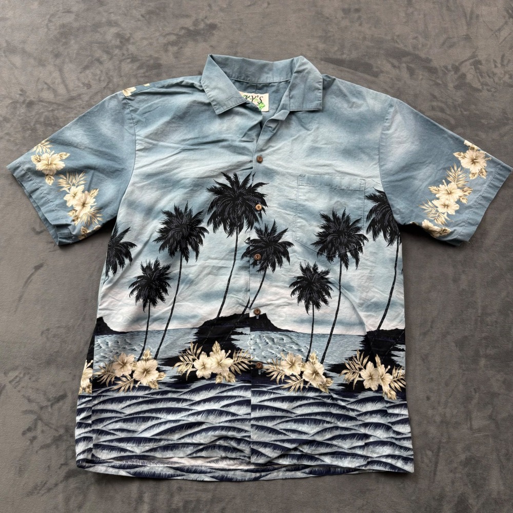 KY's Made in Hawaii Mens Large Blue Tropical Palm Tree Hibiscus Cotton Aloha Top